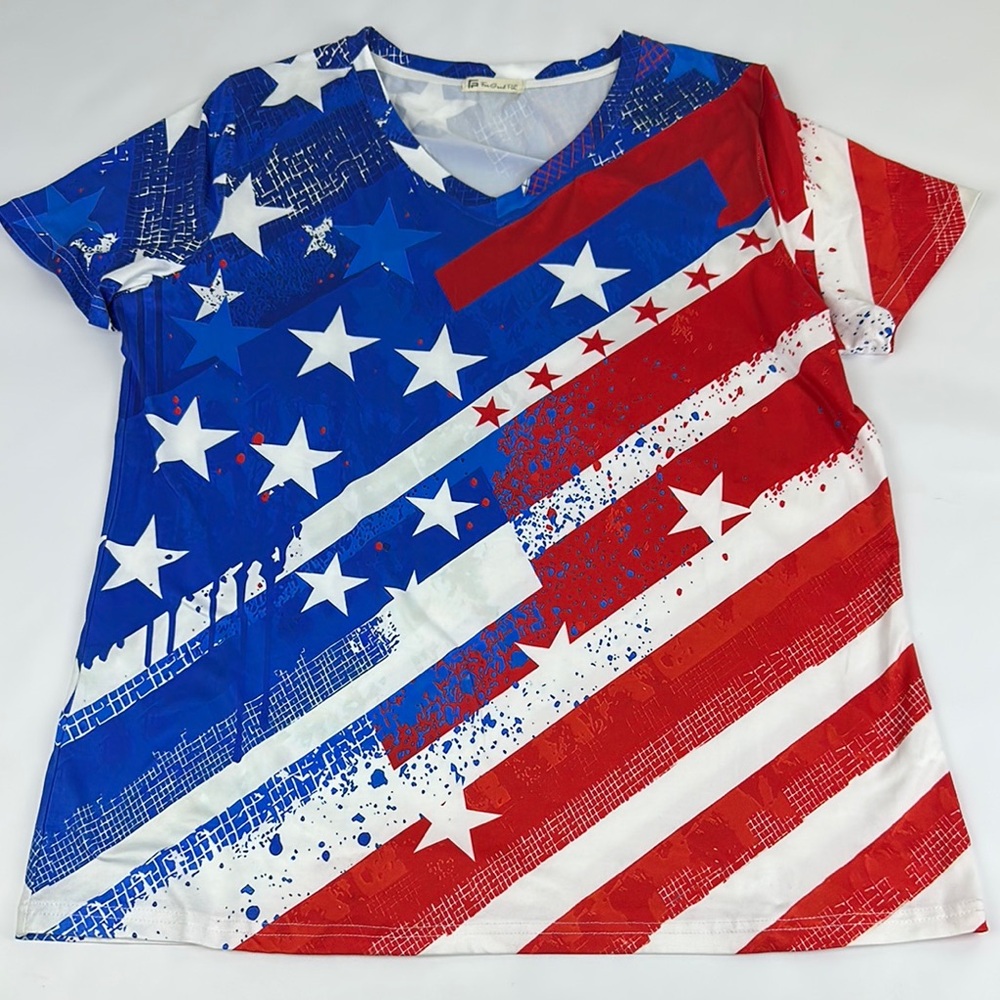 Patriotic V Neck Top. For Gand PL. XL. 95% Polyester 5% Spandex. American Flag
